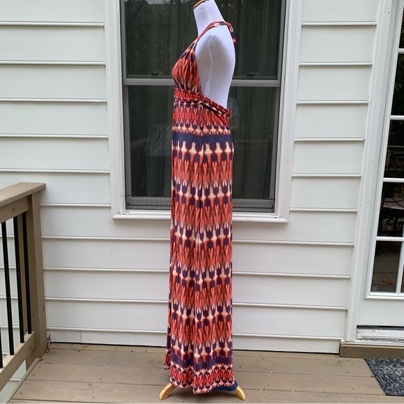 Vix Paula Hermanny Ikat print Peach Pink Cream Blue Jersey Halter Maxi Dress L - Picture 5 of 16
